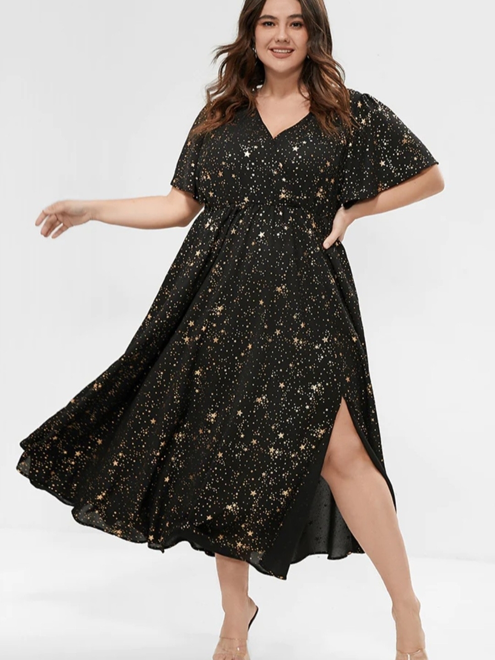 BloomChic Black Maxi Dress with Gold Star Print Size 10/12 oversize